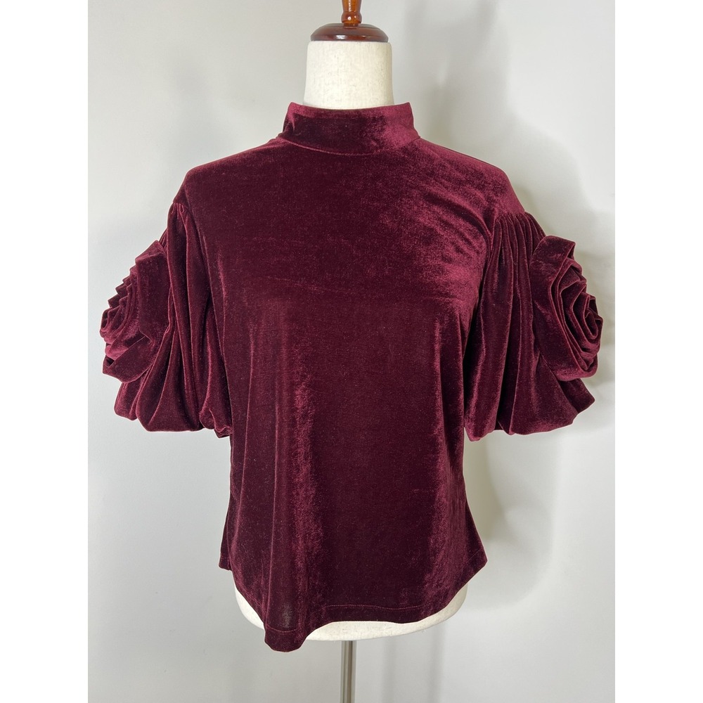 Burgundy Velvet Rose Sleeve Mock Neck Top Romantic Goth Victorian Avant Garde